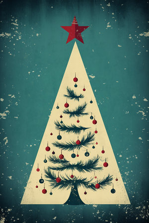 Christmas tree with red star on grunge background. Vintage style.の素材