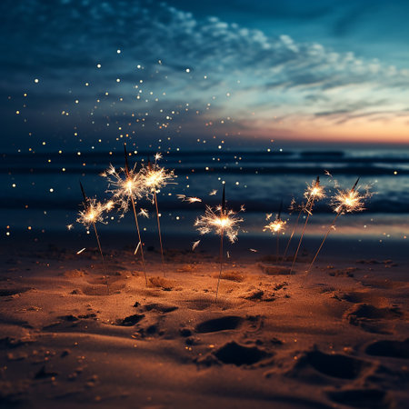 Beautiful sparklers on the beach at sunset.の素材