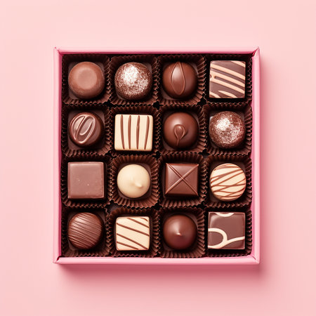 Box of assorted chocolates on pink background, top view.の素材