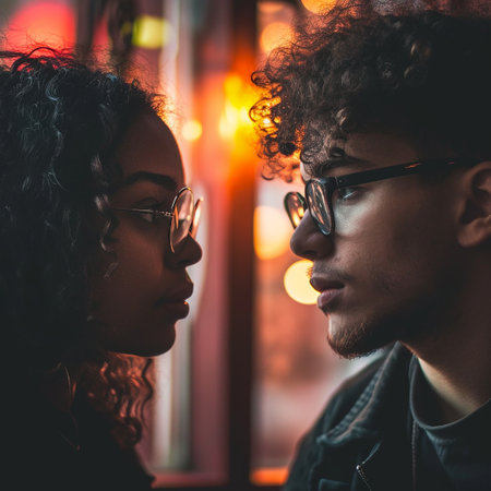 Young couple in eyeglasses looking at each otherの素材