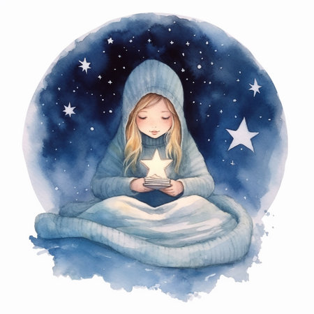 Watercolor illustration of a little girl in a blue blanket with a book in her handsの素材