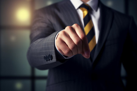 Close up of businessman touch screen with blurred backgroundの素材