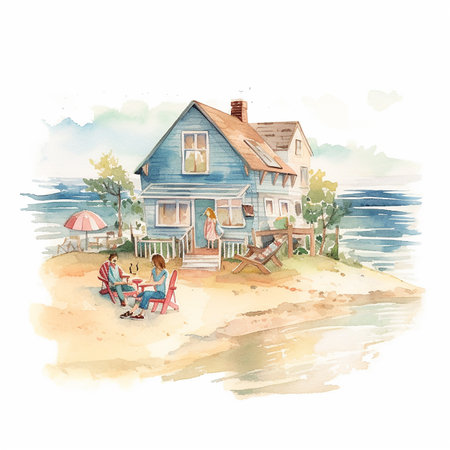 Watercolor illustration of a family on the beachの素材