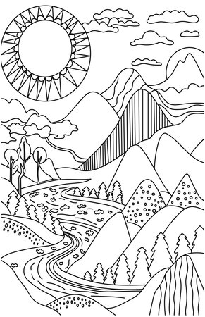 Landscape with mountains, trees and river. Coloring book for children.のイラスト素材