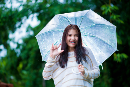 girl is playing with rainの写真素材