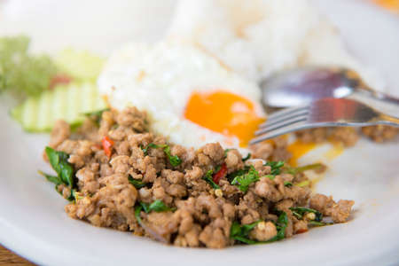 Kao Pad Kra Prao or Thai rice with pork and basilの写真素材