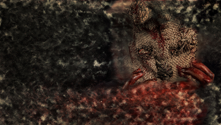 Sack ghost Fear and Halloween Theme: creepy killer in a mask on a dark background painted Tina fear.の写真素材