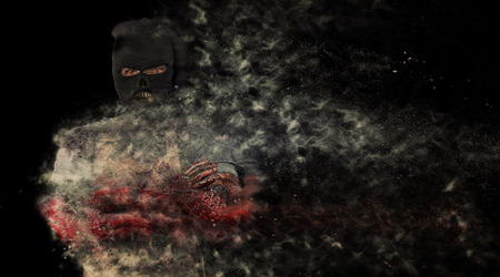 Sack ghost Fear and Halloween Theme: creepy killer in a mask on a dark background painted Tina fear.の写真素材