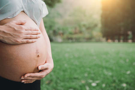 Close Up of pregnant women outdoors, new life concept pregnant woman with hands over tummy's vintage...