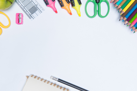 educationschool supplies on white background ready for your design space.の写真素材