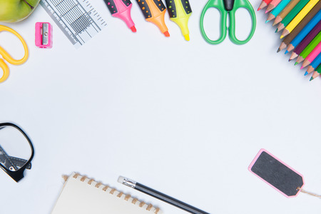 educationschool supplies on white background ready for your design space.の写真素材