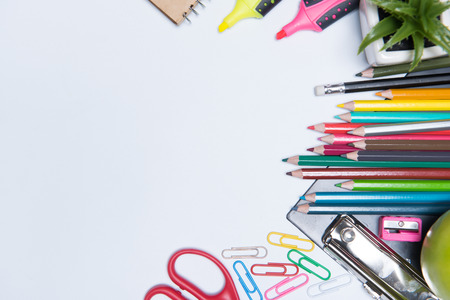 educationschool supplies on white background ready for your design space.の写真素材