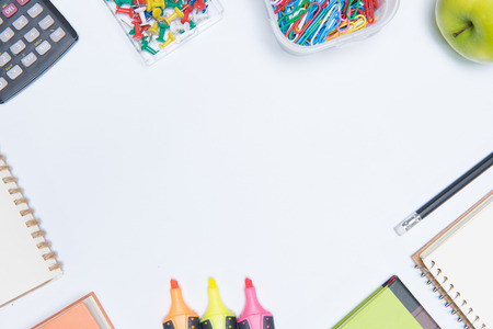 educationschool supplies on white background ready for your design space.の写真素材
