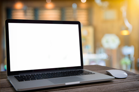 Notebook with blank screen on the coffee shopの写真素材