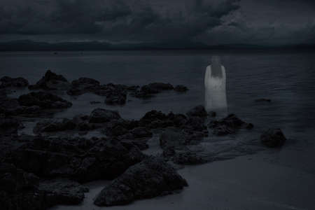 Ghost in the sea, Mysterious Woman, horror scene of scary woman ghostの写真素材