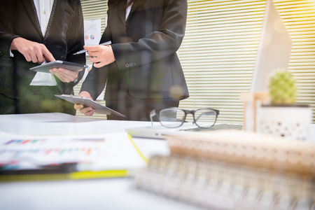 Business team meeting. Photo professional investor working new start up project. Finance task.on wooden desk as conceptの写真素材