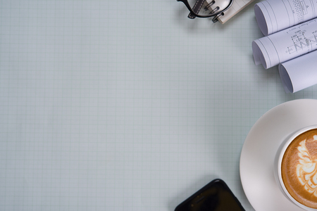 White office desk table with of architect, Top view with copy spaceの写真素材