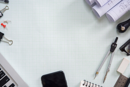 White office desk table with of architect, Top view with copy spaceの写真素材