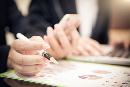 Business team meeting. Photo professional investor working new start up project. Finance task.on wooden desk as conceptの写真素材
