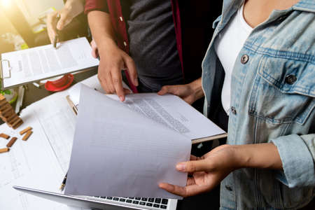 business project teamwork plan  new start-up project, Finance managers meeting, Digital tablet docking screen computer design smartphone using, in morning light.の写真素材