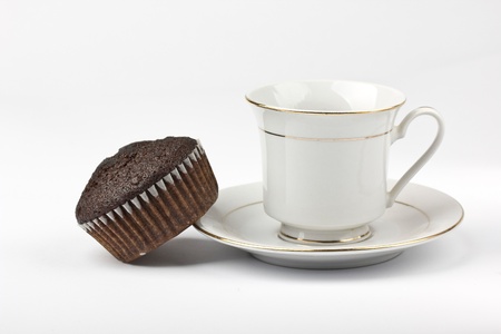 cup of espresso with chocolate cake on white backgroundの写真素材