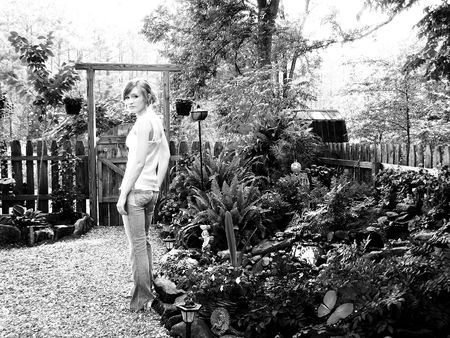 Girl in Garden (Black and White)の写真素材
