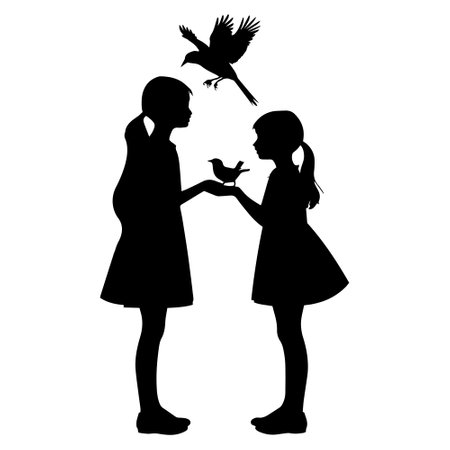 Vector silhouette of a girl with a bird on a white background.のイラスト素材