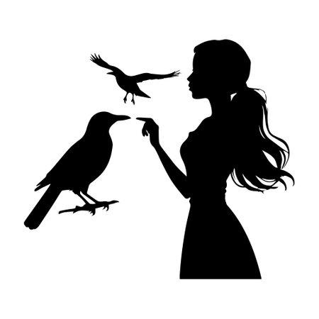 silhouette of girl with raven and bird on white background, vector illustrationのイラスト素材