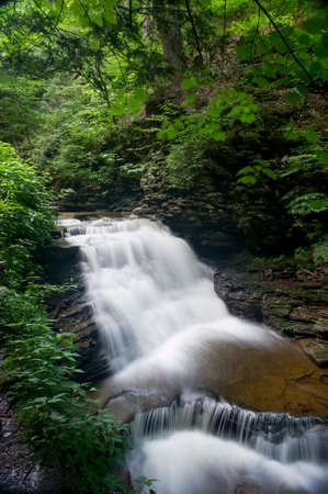 A long exposure of a waterfall scene in a forest of green trees.
