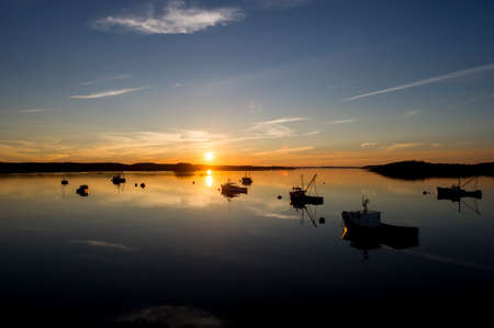 The sun sets over a calm harbor with many fishing boats anchored.の写真素材