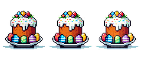 vector pixel icon with Easter cake on a large plate, around it are multi-colored colored eggs on a...