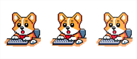 pixel art vector icon with a corgi dog typing on a computer with a surprised look on a white backgroundのイラスト素材