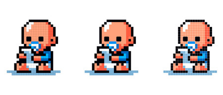 vector pixel art icon of a baby with a pacifier playing with a phone on a white backgroundのイラスト素材