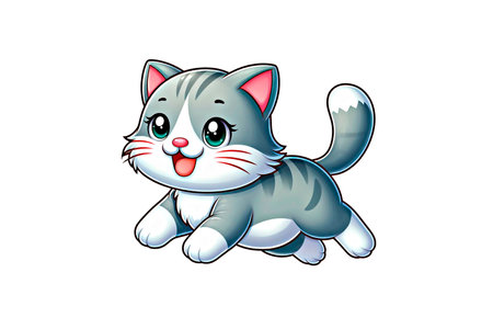 Cartoon cat with beautiful eyes, stylized and cute, bright colors, adorable on a white backgroundの写真素材