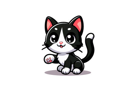 Cartoon cat with beautiful eyes, stylized and cute, bright colors, adorable on a white backgroundの写真素材