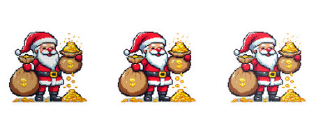 Pixel art image shows Santa Claus holding gold coins with two money bags and a pile of gold in front of him.のイラスト素材