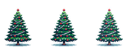Pixel Christmas tree decorated with Christmas tree decorations and topped with a shining star.のイラスト素材