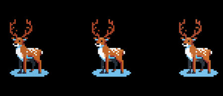 Pixel deer with big antlers on black background in retro video game style.