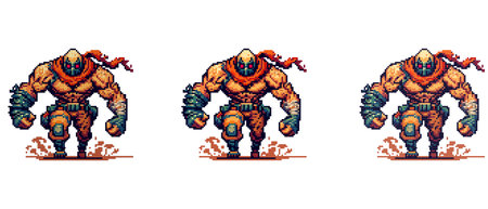 Dynamic pixel art illustration of a strong, masked warrior adorned with a red scarf, showcasing an action stance. Ideal for video game design and retro-style projects.のイラスト素材