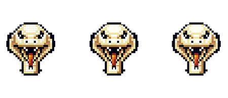 This image features a retro pixel art design of a cartoon snake with its mouth open, showing a...