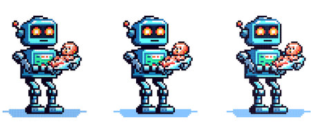 A pixelated illustration of a caring robot holding a baby, symbolizing futuristic child care and the...