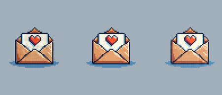 Pixel art of an open envelope with a white letter inside adorned with a red heart, on a light blue...