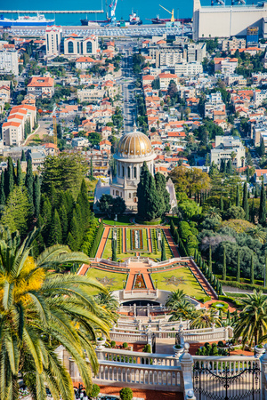 Bahai gardens and temple on the slopes of the Carmel Mountain and view of the Mediterranean Sea and bay of Haifa city, Israelの写真素材