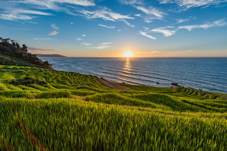 Beautiful Sunset View of Senmaida Rice paddy terrace Wajima Ishikawa Japanの写真素材
