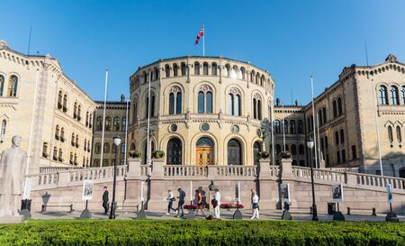 Oslo, Norway -Aug 27, 2019: The Storting building or Stortingsbygningen with Norwegian flag in central Oslo.のeditorial素材