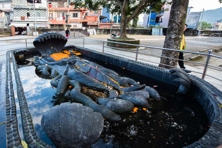 Pokhara, Nepal - 21 January 2020:hindu statue at the entrance of Gupteshwor Mahadev caveのeditorial素材
