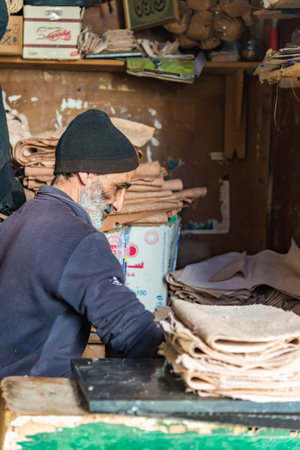 TETOUAN, MOROCCO - Feb. 18, 2018: Handmade leather shop at market Bab Jiafin in TETOUAN, Moroccoのeditorial素材
