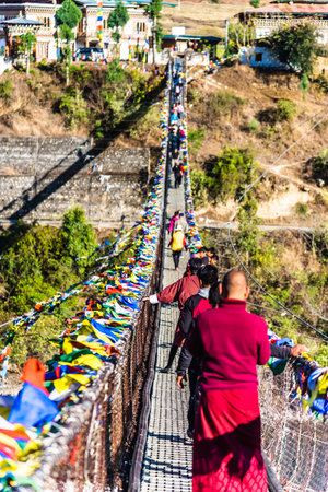 The Punakha Suspension Bridge at the Punakha Dzong in Bhutan.の写真素材