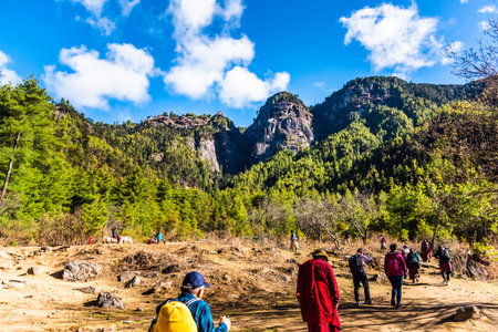 Paro Taktsang, Bhutan - Mar 24,2024 Travellers hiking towards Tigers Nest Monastery,Paro Taktsang of Bhutan.のeditorial素材