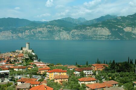  Castle Scaligero on a rock on Lakeの写真素材